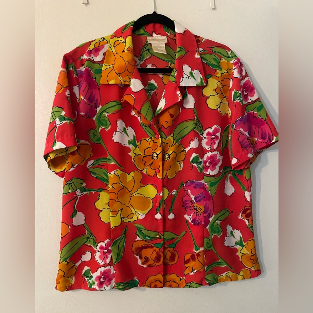 Vtg Christie & Jill Orange Floral Polyester Blouse Sz 16